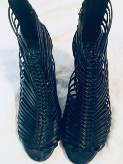 Jeffrey Campbell Ibiza Last Black Leather Wedge Sandals Gladiator Boho Size 7 Open Toe Strappy