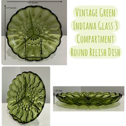 Vintage Green Indiana Glass 3 Compartment Round Relish Dish