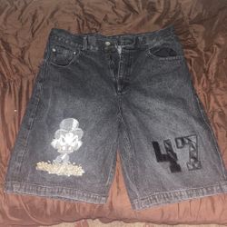 Graphic Denim Shorts with Embroidered Character