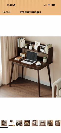 OTXY Small Writing Desk with Hutch - 39.4" Work Computer Study Table Black Walnut, Storage Drawer, Space-saving for Home and Office, with Bookshelves