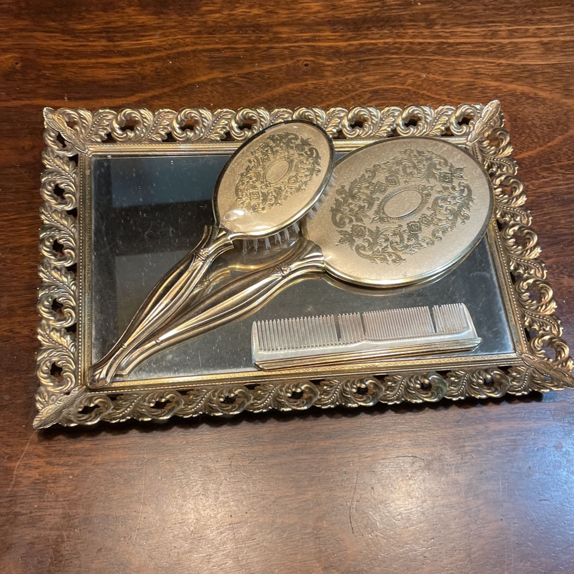 Antique Vanity Tray With Brush Comb And Mirror .