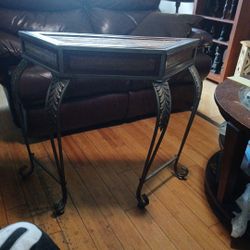 Wood And Metal Accent Table With Curved Legs And Leaf Detailing 