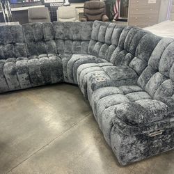 New Reclining Sectional.  Grey Plush Velvet Fabric.  114” X 106”.  Free Delivery!