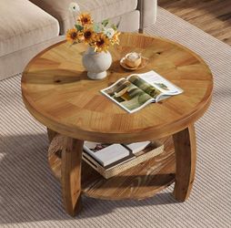 Solid Wood Round Coffee Table, 2-Tier Center Table with Storage, 31.5 Inch Wood Tabletop with Mosaic Pattern, Easy Assembly, for Living Room, Brown