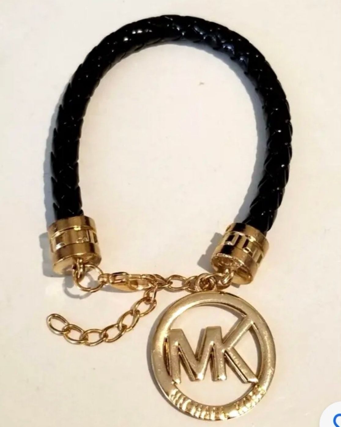 Michael Kors Black Patent Leather Braided Bracelet with Gold Logo Charm**