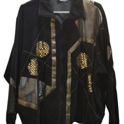 Vintage 80s - 90s Southern Stitches Black & Gold Velour Velvet Style Windbreaker Track Suit Bomber Jacket

