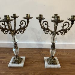 Vintage 22” Cherub Candelabra  Marble Base and Glass Prisms Antique Old Heavy
