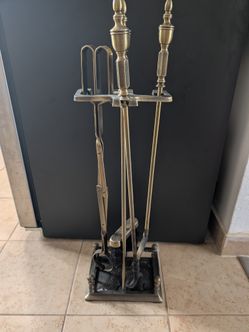 Vintage Brass Fireplace Tools Set 5 Piece Stand Mid Century Modern MCM VTG Antiq