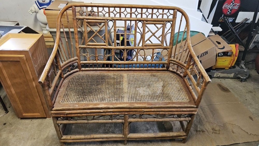 Vintage Brighton Rattan Bench Settee Tortoise Bamboo Finish Boho Beach Bohemian Retro Mid Century Pa