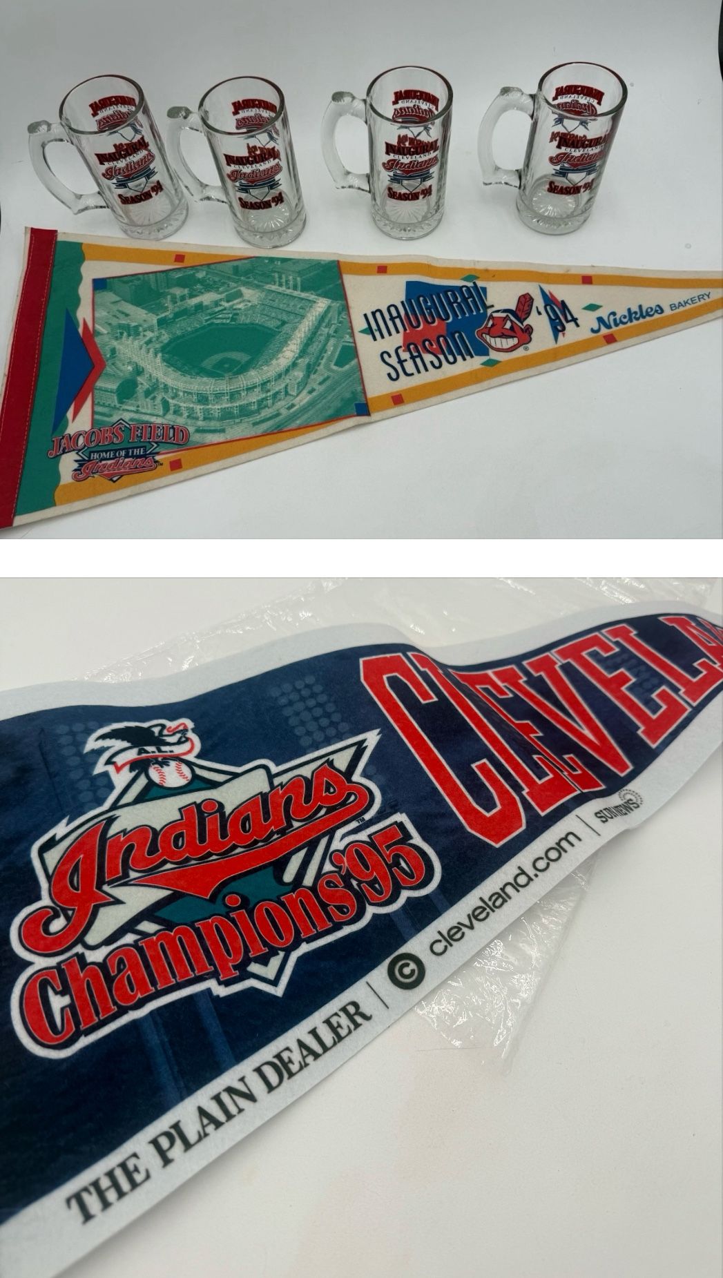 1994 INAUGURAL CLEVELAND INDIANS LOT GLASS MUGS/LOT OF 4 +COIN+PENNANTS - WAHOO!