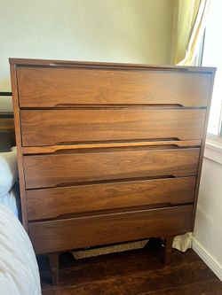 Mid-Century Modern Stanley Walnut Highboy Dresser • 1960s Vintage