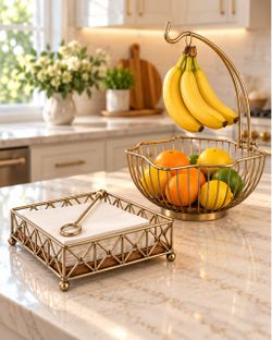 Gold Wire Fruit Basket with Banana Hanger and Napkin Holder Set