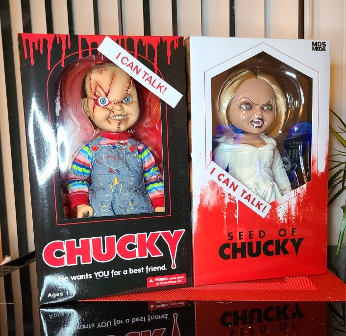 Mezco Child's Play Bride Of Chucky Scarred Chucky & Tiffany Talking Mega Dolls
