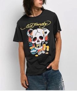 NEW Ed Hardy Ace Skull Throwback Graphic T-Shirt Men’s LARGE Gray NWT
