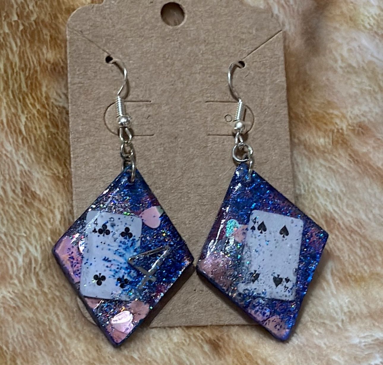 Blue and Pink “4” Playing Card Earrings