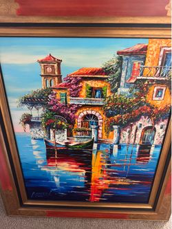 Original Signed Michel Degav Oil on Canvas Painting - Venetian Coastal Scene, Framed