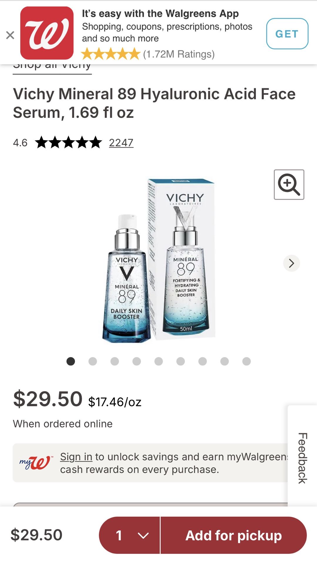 Vichy Mineral 89 Hyaluronic Acid Face Serum, 1.69 fl oz(new)