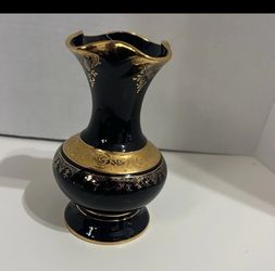 Porcelain Limoges 6 Inch Vase France Dark Blue With Gold