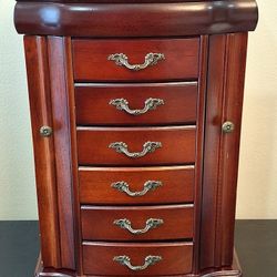 WOODEN JEWELRY BOX ARMOIRE WITH MIRROR & DRAWERS 