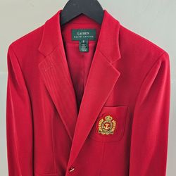 ​Ralph Lauren Blazer Jacket Size 8 Red Jacquard Gold Button Nautical Patch Crest