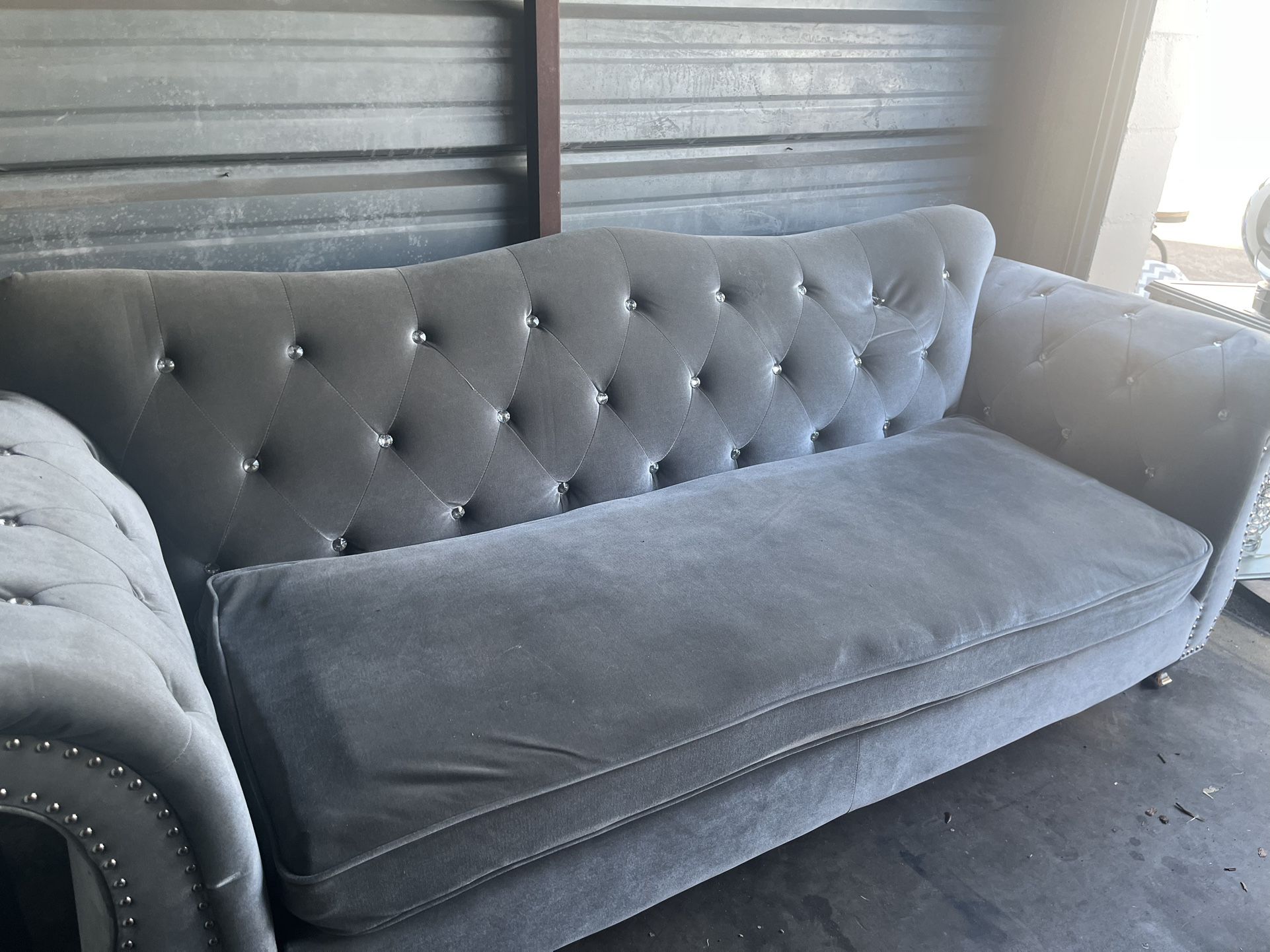 Sofa And Oversized Chair - Velour /Velvet Grey & Silver with Diamond Button Accents