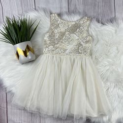 Zunie 5T Girls Party Dress White/Cream Gold Rose Embroidery