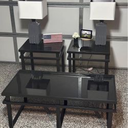 Black Metal Glass Coffee Table With End Tables And Lamps