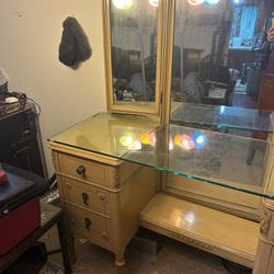 Antique Vanity And Stool With Triple Mirrors