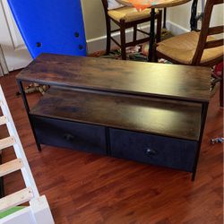 TV Stand Wood/Metal Rustic Brown/black Fabric Drawers LIKE NEW 