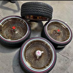20” LUXOR WIRE WHEELS ALL GOLD + RED/WHITE VOGUE TIRES (4) CUTLASS IMPALA-EL CAMINO -WE FINANCE