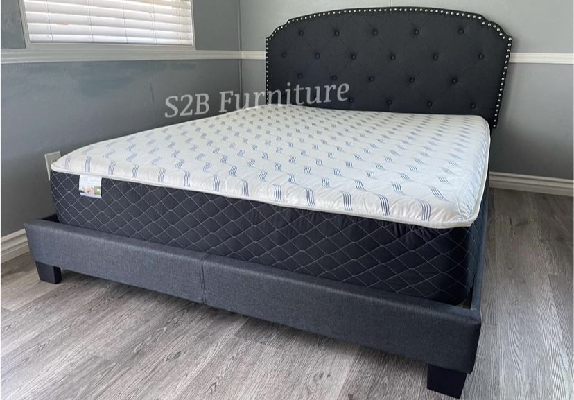 Full Grey Burlap Tufted Bed With Ortho Mattress Included 