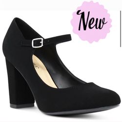NEW Women Black Mary Jane Mid-rise Chunky Heel Buckle Strap Low Platform Size 9