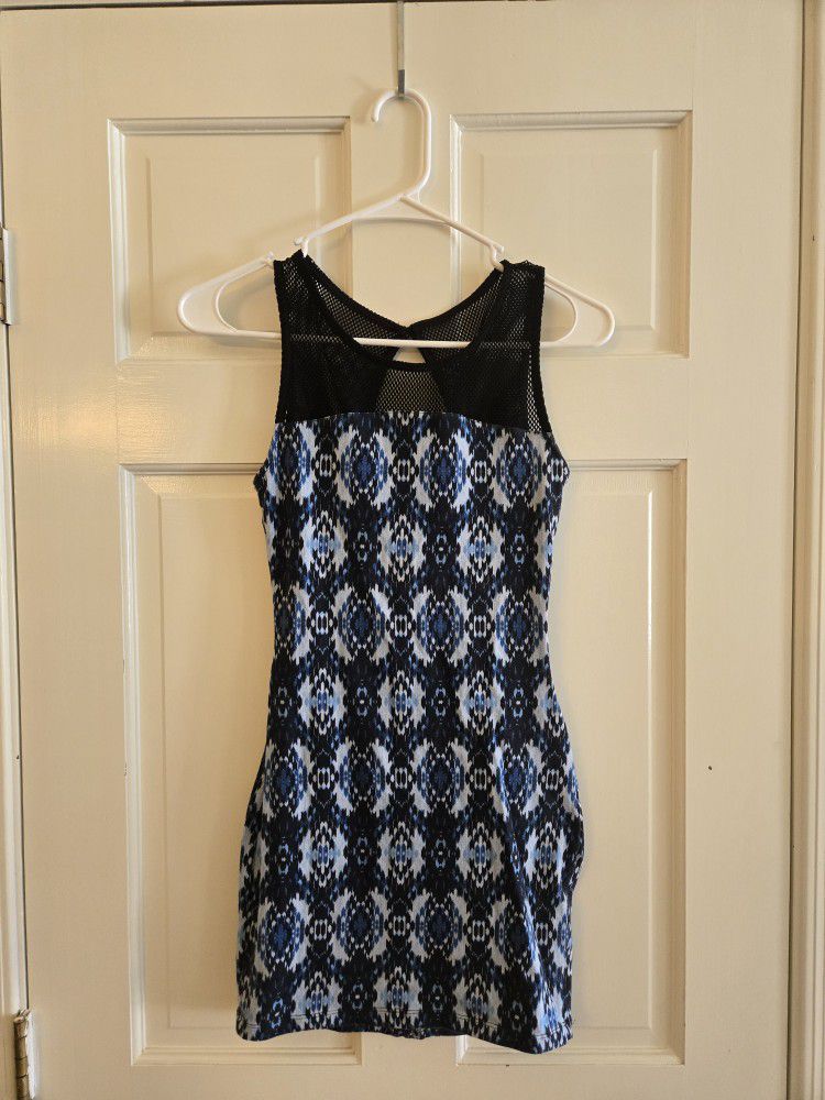 Women's Mimi Chica Brand, Size XS Mini Bodycon Dress Sleeveless Blue & Black Design Print