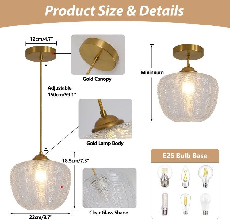 Clear Glass Pendant Light Fixture, 22 cm