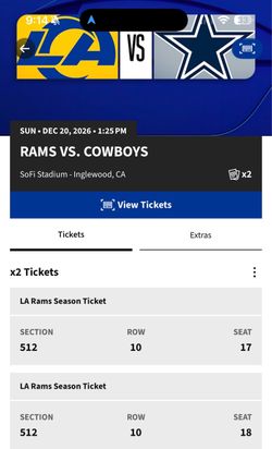 Selling Two Tickets to Rams Vs Cowboys game  12/20/26