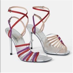  New- Zara Blue Collection Silver Strappy Heels (Size: 7/2)