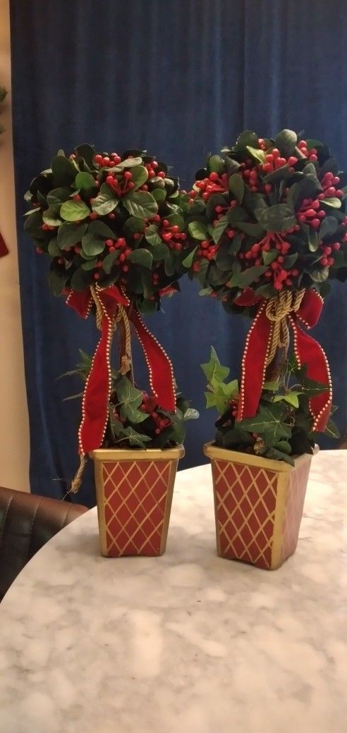 EXCELLENT CONDITION Pair = 2 Matching Desktop Topiaries TOPIARY + Red Studded VELVET Ribbons