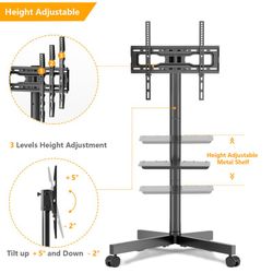 TV Stand with 3 Shelves 32"-65" Flat Curved TVs Swivel TV Trolley on Wheels Rolling with Cable Management