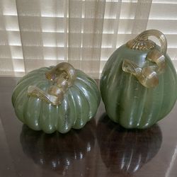 Set of 2 Teal Hand Blown Pumpkin with Tan Stem 