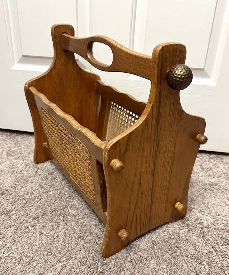 Vintage MCM BoHo Oak Wood Woven Wicker Rattan Cane Magazine Book Vinyl Record Rack Holder