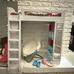 My Life As Plastic Loft Bed Play Set for 18" Dolls house Includes Bed, bed cover blanket and mattress, pillow, desk, ladder, shelves, 2 chairs, shoes,
