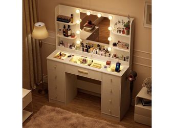 LAKEMID Vanity Desk with Mirror and Led Lights, Glass Top Makeup Table with 9 Drawers & Power Outlet, 3 Lighting Modes & Adjustable Brightness, White