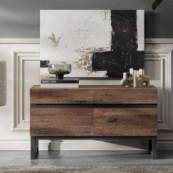 Modern TV Stand for TVs up to 50 inches, TV Console with Entertainment Center with Storage Cabinet and Metal Base, Wooden Media Console for Living Roo