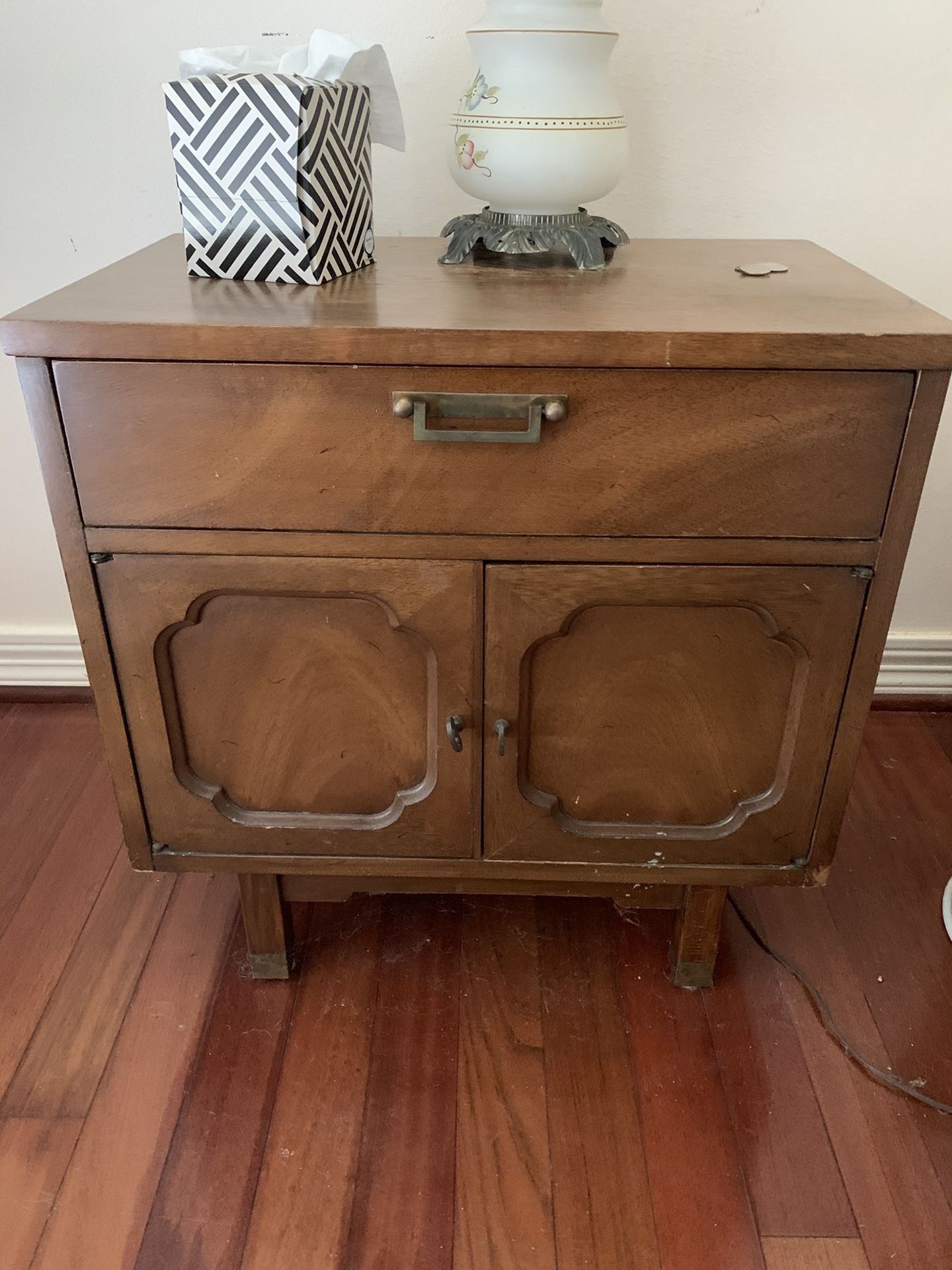 Solid wood antique furniture set armoire and matching night stand custom made in the USA still in great shape