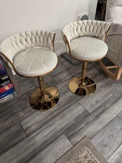 Velvet White/beige And Gold Bar Stools Set Of 2 Adjustable ( 22 In To 32 In Tall) They Swivel