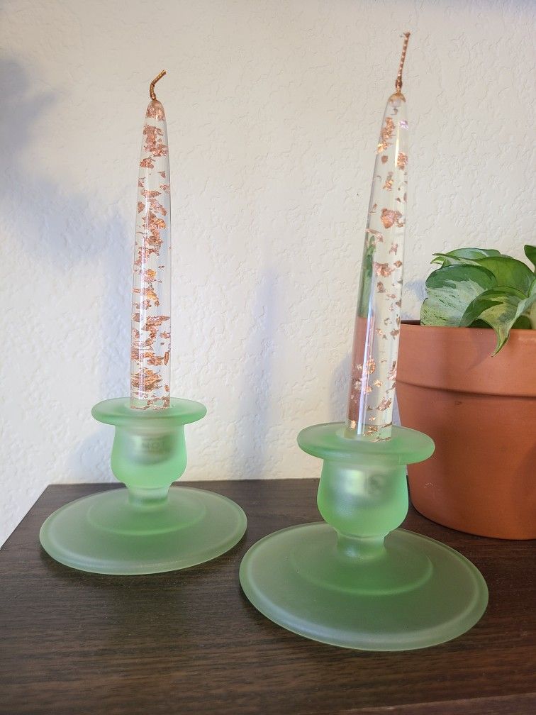 Set of frosted green taper candle holders *LUCITES NOT INCLUDED*