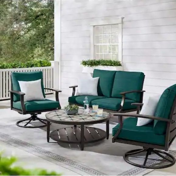  4-Piece Steel Outdoor Seating Set with Malachite Green Cushions  