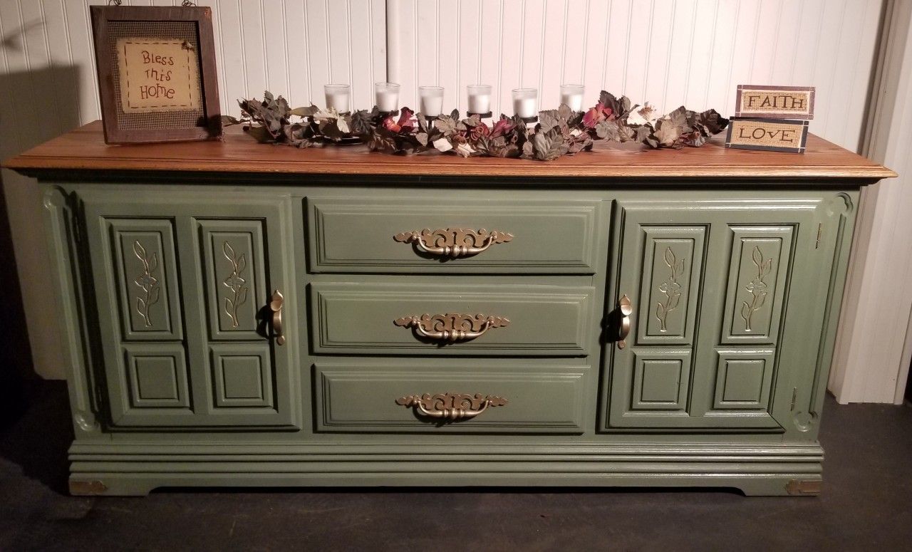 Refurbished Green Buffet With Gold Flowers