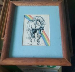 Vintage Unicorn Art with Rainbow in Wooden Frame