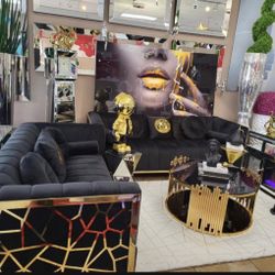 Modern Black and Gold Sofa And Loveseat